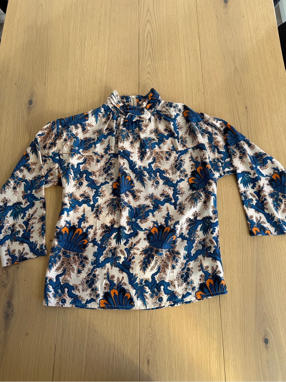 Sandro Paris Paisley Print Ruffle Collar Blouse Blue Orange Size 6
